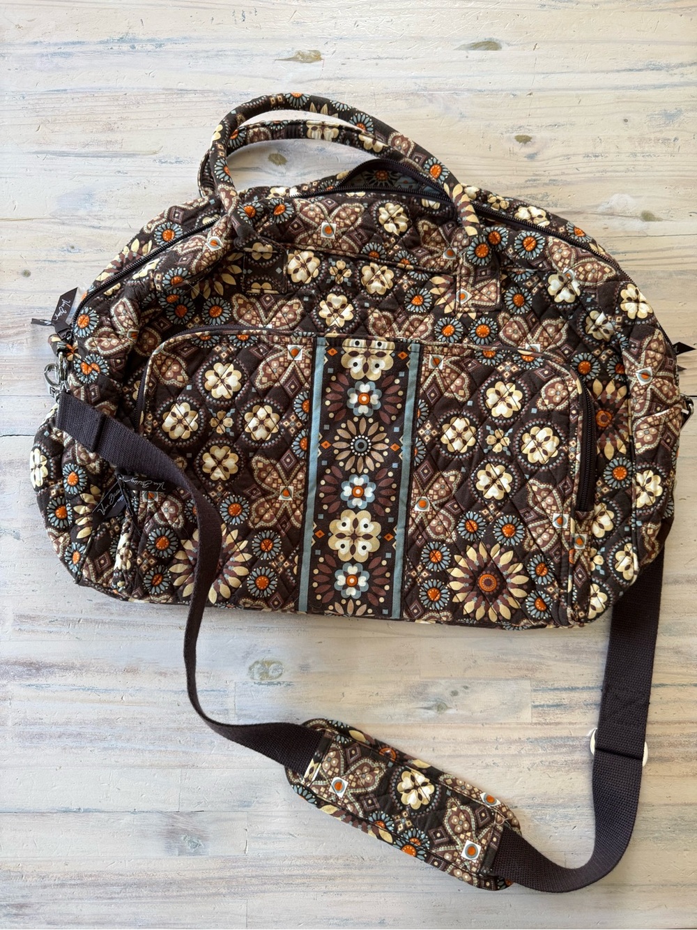 Vera Bradley Brown Quilted Floral-Print Travel Bag with Orange Accents